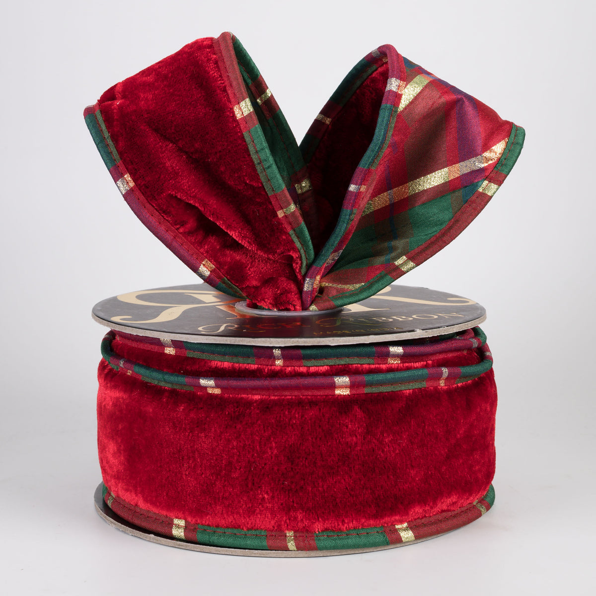 2.5" Sheldon Velvet Ribbon with Fused Dupioni Plaid Back: Red, Green & Gold (10 Yards)