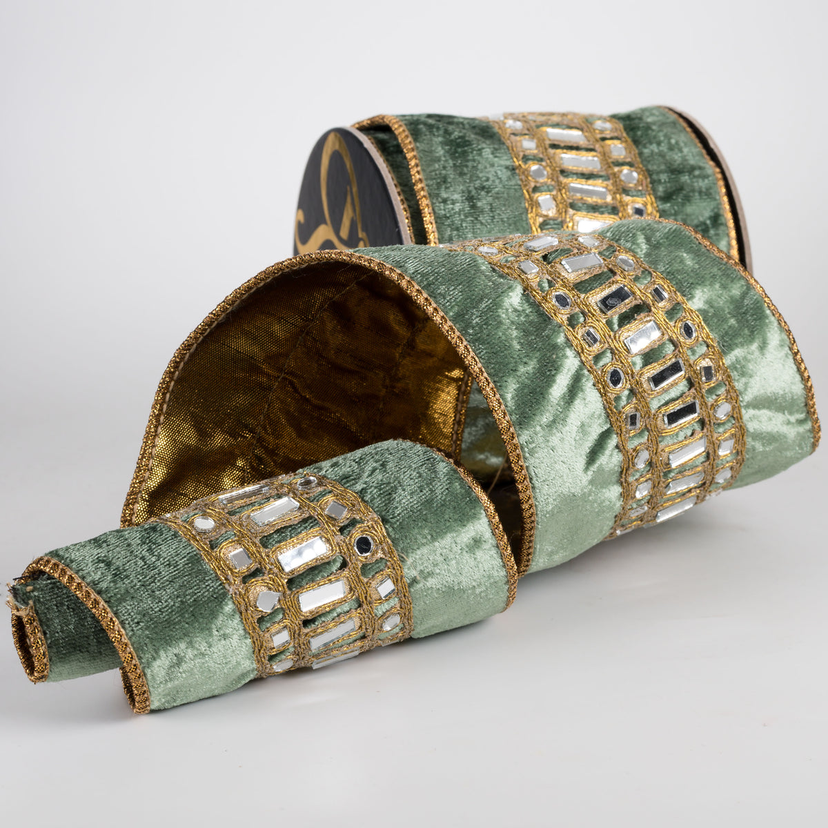 4" Mirror Center Trim Sheldon Velvet & Metallic Dupioni Fused Ribbon: Eucalyptus Green & Gold (5 Yards)