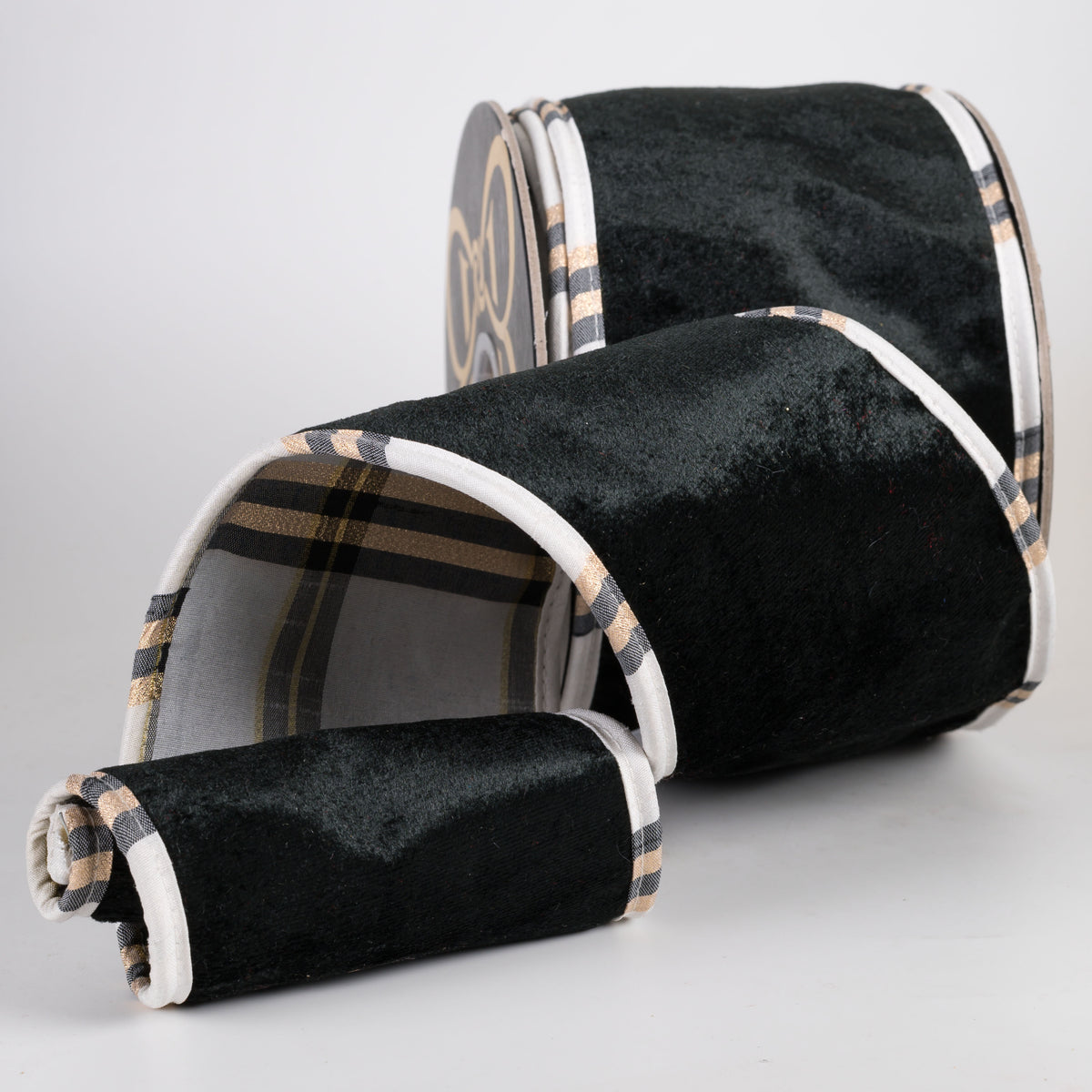 4" Sheldon Velvet Ribbon with Fused Dupioni Plaid Back: Black & White (10 Yards)