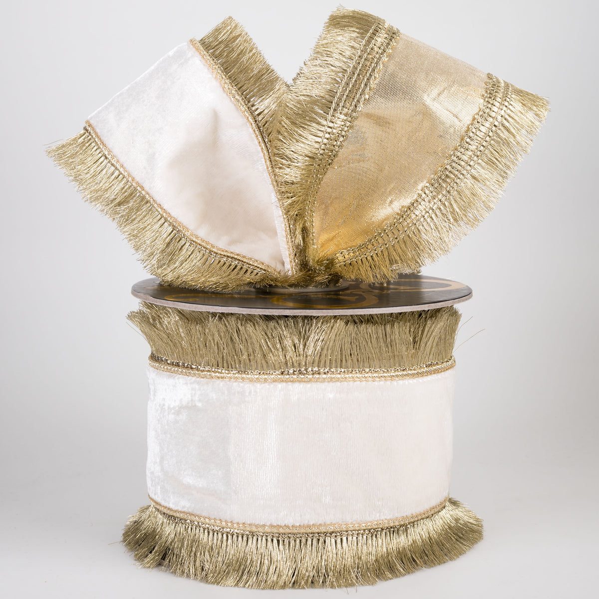 4" Fused Sheldon Fringe Edge Velvet & Metallic Dupioni Ribbon: Ivory & Gold (10 Yards)