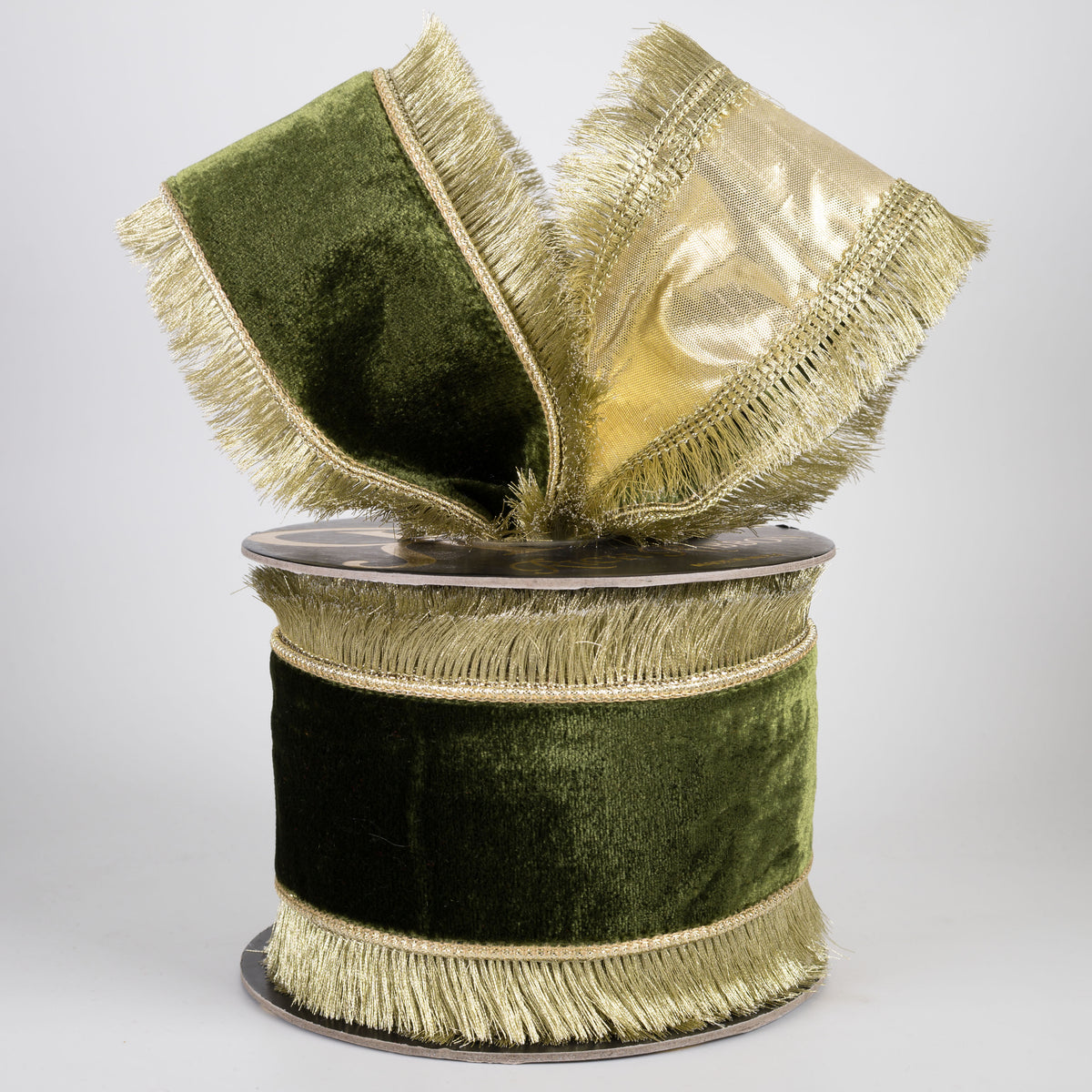 4" Fused Sheldon Fringe Edge Velvet & Metallic Dupioni Ribbon: Moss Green & Gold (10 Yards)