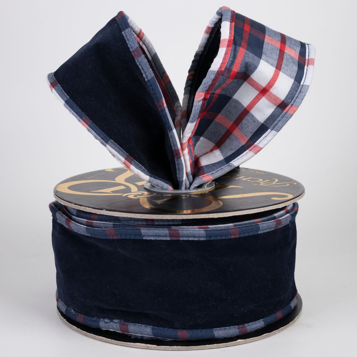 2.5" Velour Velvet Ribbon with Fused Dupioni Plaid Back: Navy Blue, White & Red (10 Yards)
