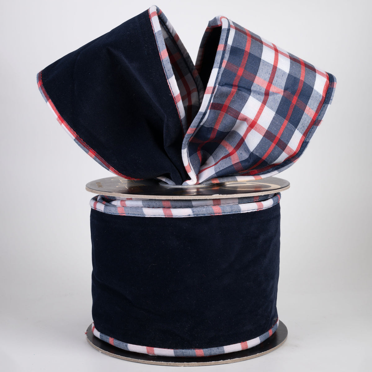 4" Velour Velvet Ribbon with Fused Dupioni Plaid Back: Navy Blue, White & Red (10 Yards)