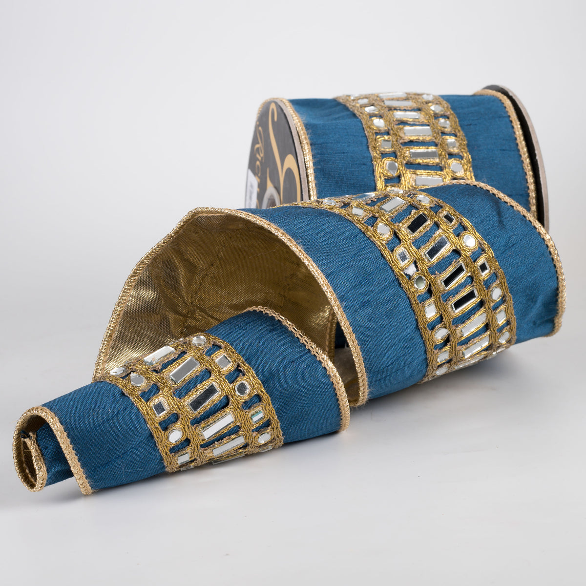 4" Mirror Center Trim Dupioni & Metallic Dupioni Fused Ribbon: Mediterranean Blue & Gold (5 Yards)