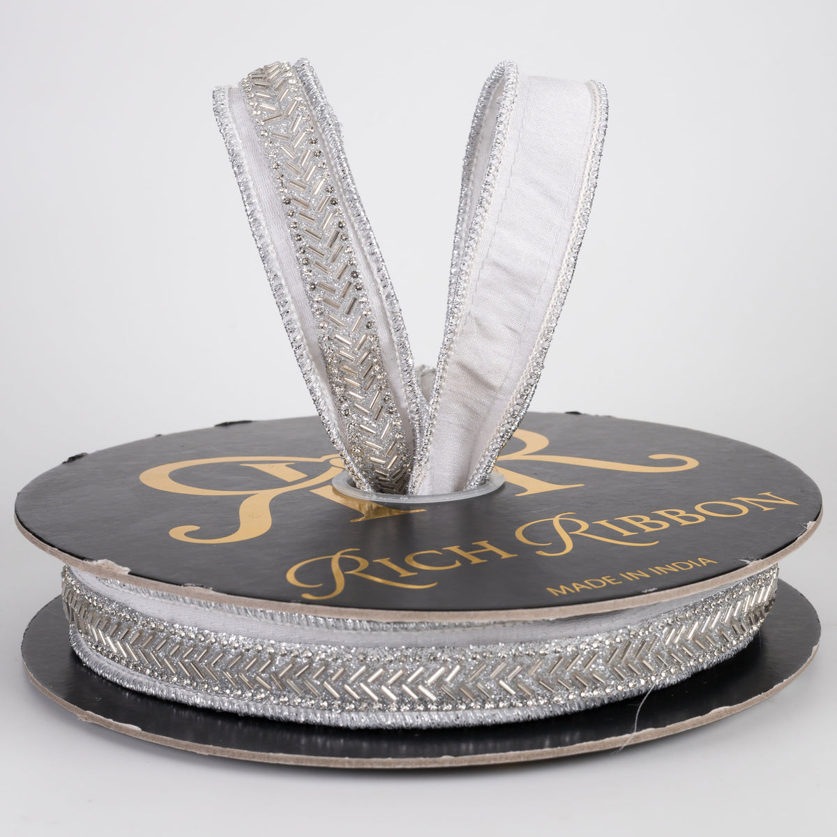 1" Beaded Center Trim Dupioni Ribbon: Grey & Silver (10 Yards)