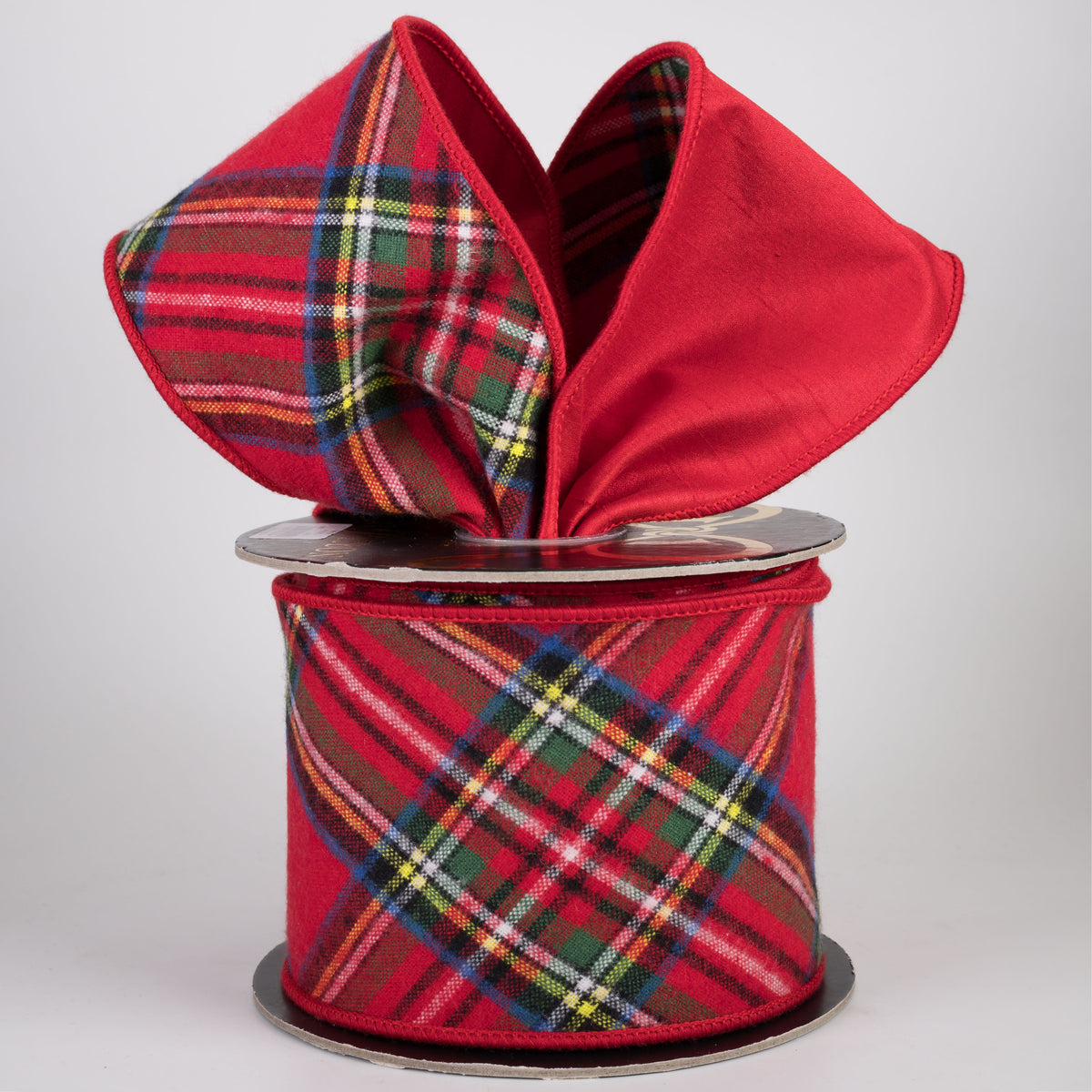 4" Brushed Cotton Classic Tartan Bias Plaid & Fused Dupioni Ribbon: Red & Red (10 Yards)
