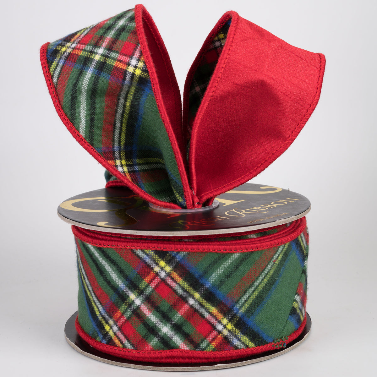 2.5" Brushed Cotton Classic Tartan Bias Plaid & Fused Dupioni Ribbon: Green & Red (10 Yards)
