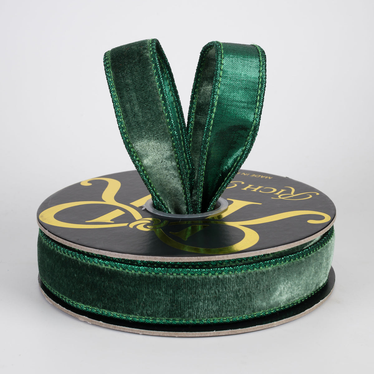 1" Double Fused Sheldon Velvet & Metallic Dupioni Ribbon: Emerald Green (10 Yards)