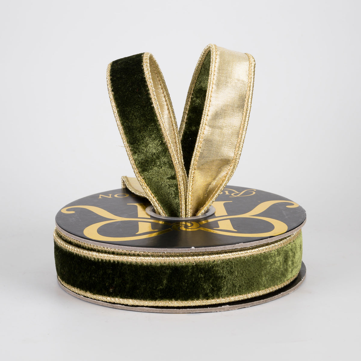 1" Double Fused Sheldon Velvet & Metallic Dupioni Ribbon: Moss Green & Gold (10 Yards)