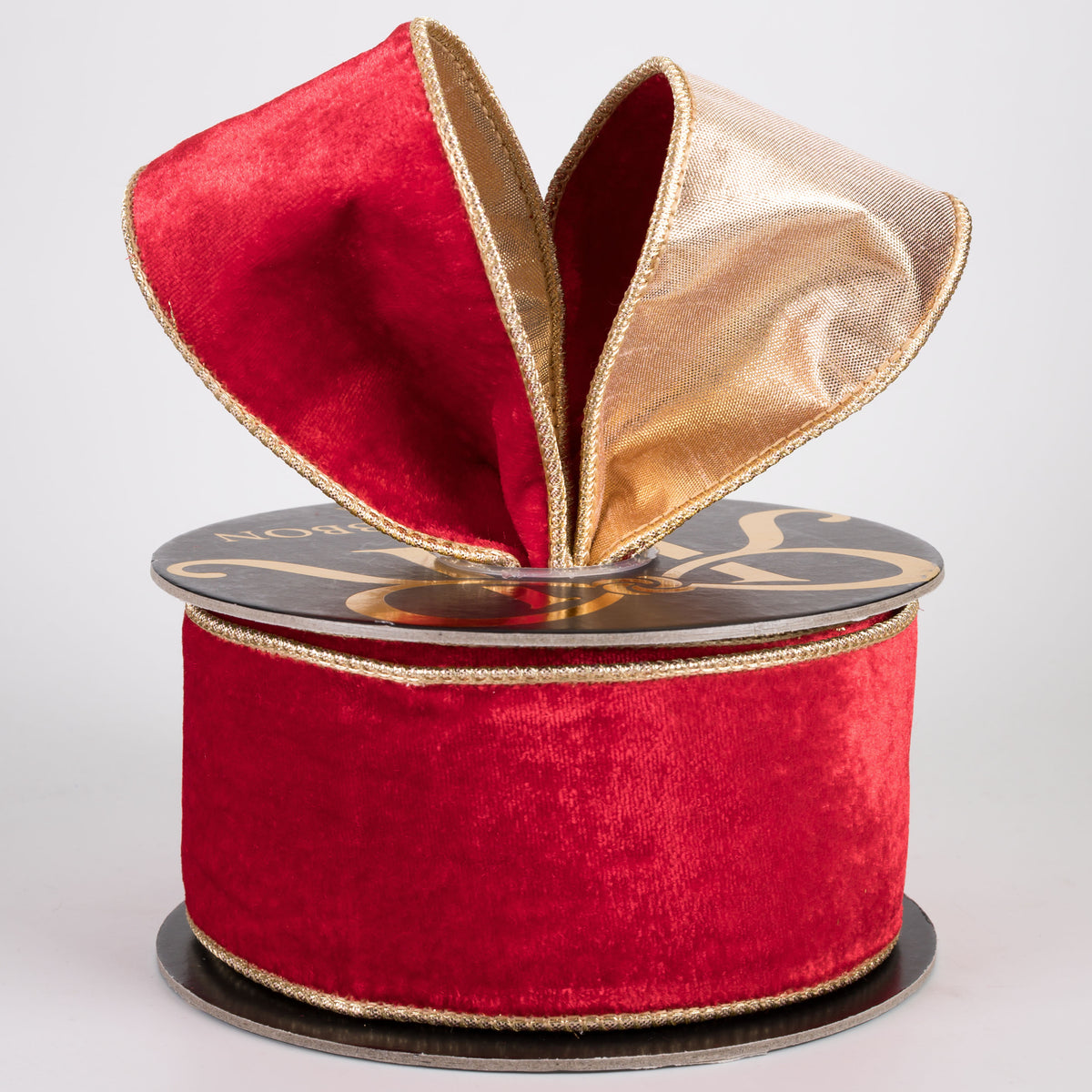 2.5" Double Fused Sheldon Velvet & Metallic Dupioni Ribbon: Christmas Red & Gold (10 Yards)