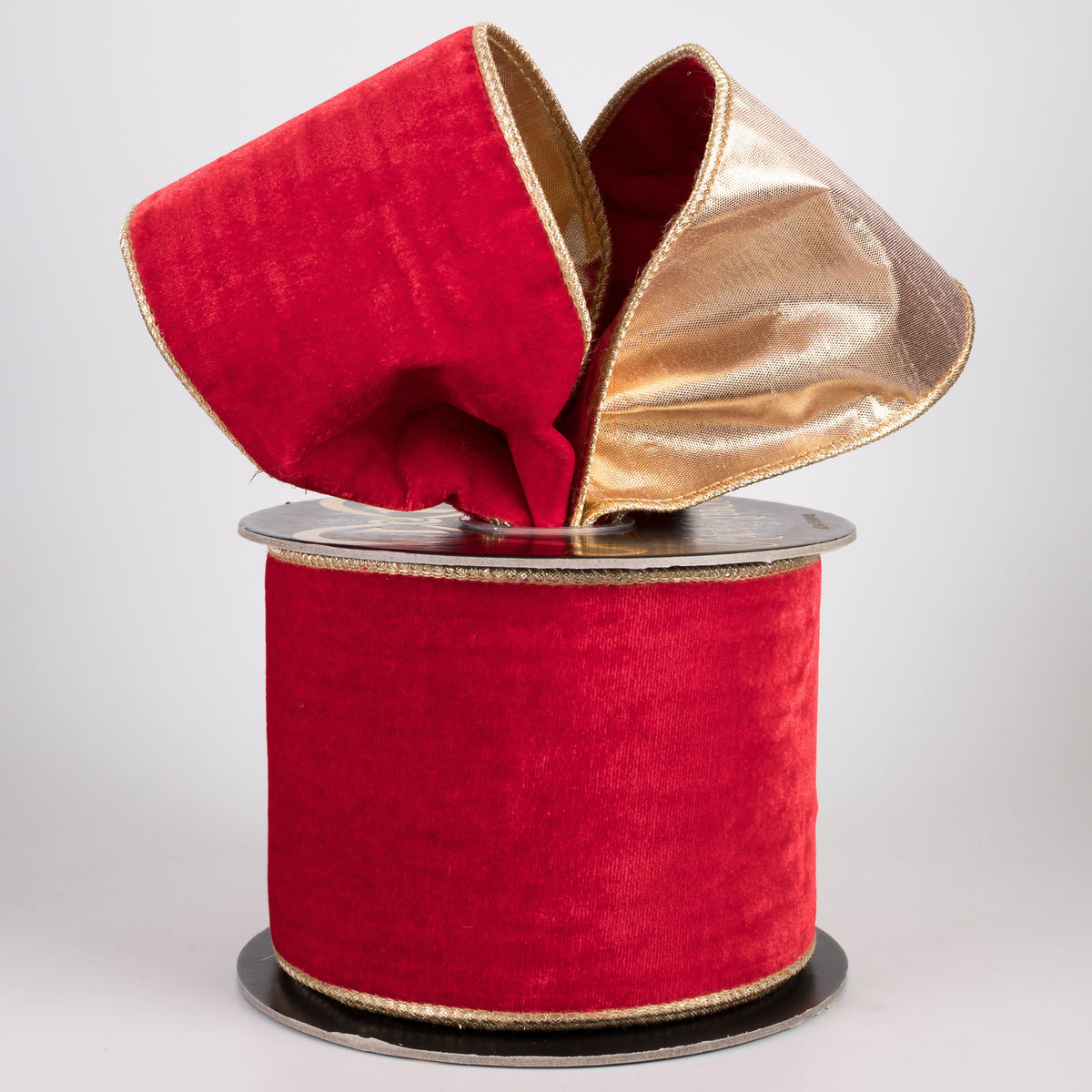 4" Double Fused Sheldon Velvet & Metallic Dupioni Ribbon: Christmas Red & Gold (10 Yards)