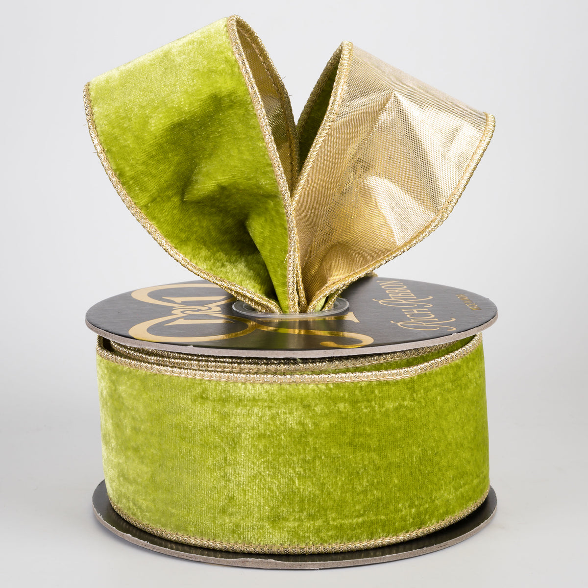 2.5" Double Fused Sheldon Velvet & Metallic Dupioni Ribbon: Chartreuse Green & Gold (10 Yards)