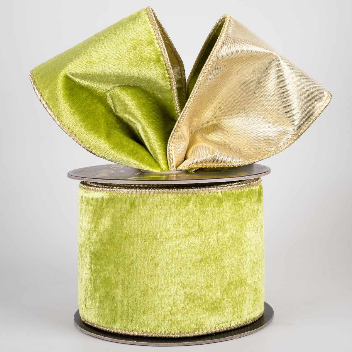 4" Double Fused Sheldon Velvet & Metallic Dupioni Ribbon: Chartreuse Green & Gold (10 Yards)