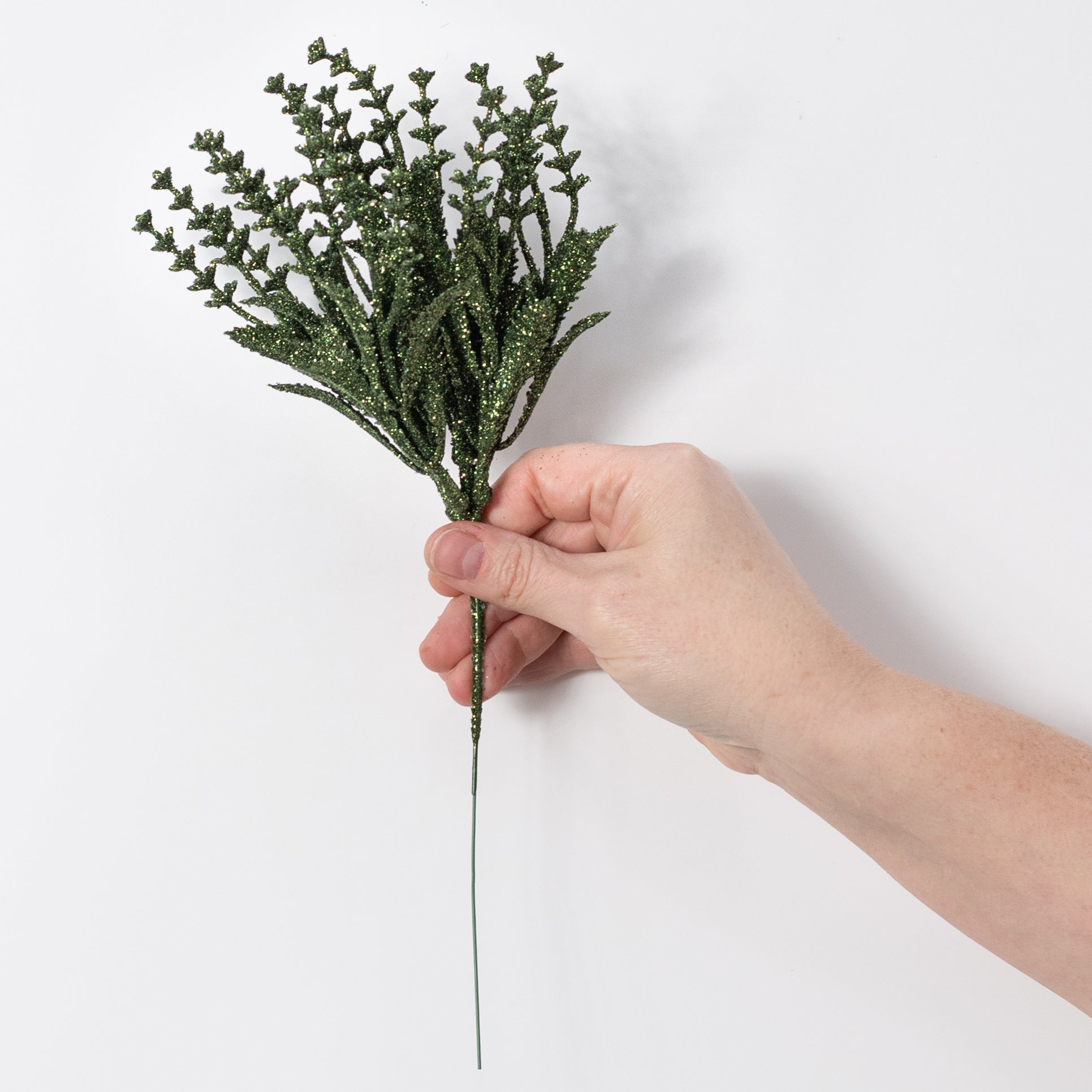 11" Glittered Flowering Leaf Pick: Moss Green
