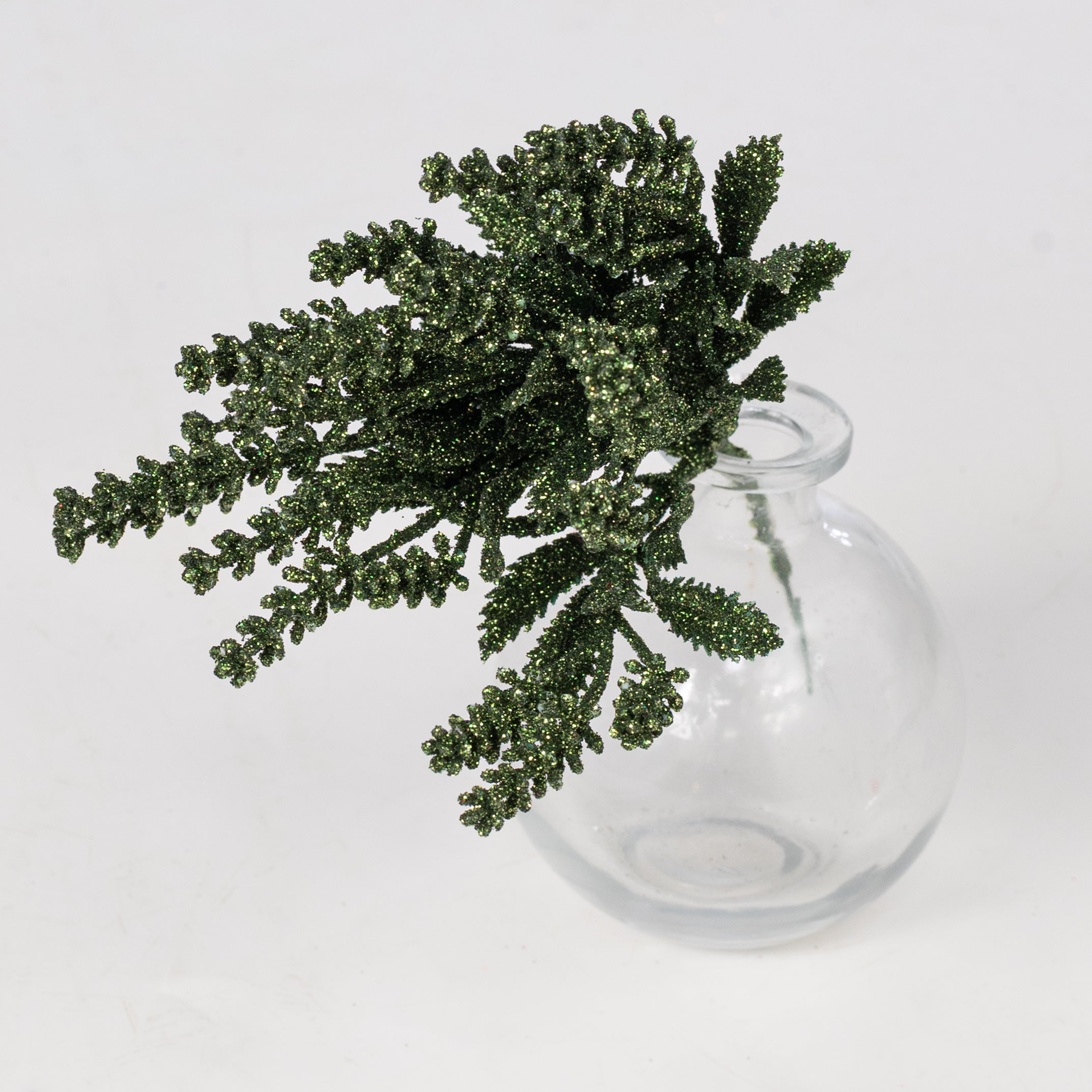 11" Glittered Flowering Leaf Pick: Moss Green