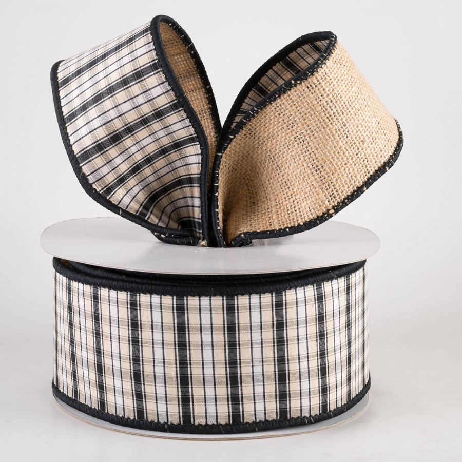 2.5" Designer Burlap Backed Plaid Ribbon: Black, White & Natural (10 Yards)