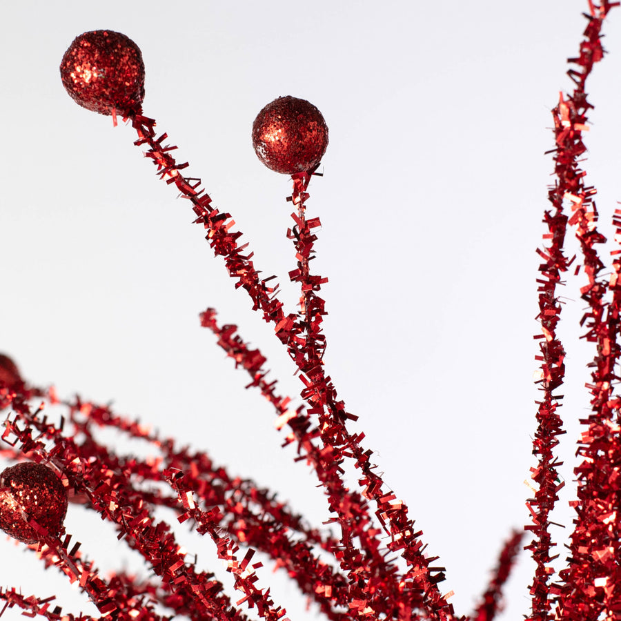 24" Tinsel Pine & Glitter Ball Ornament Spray: Red