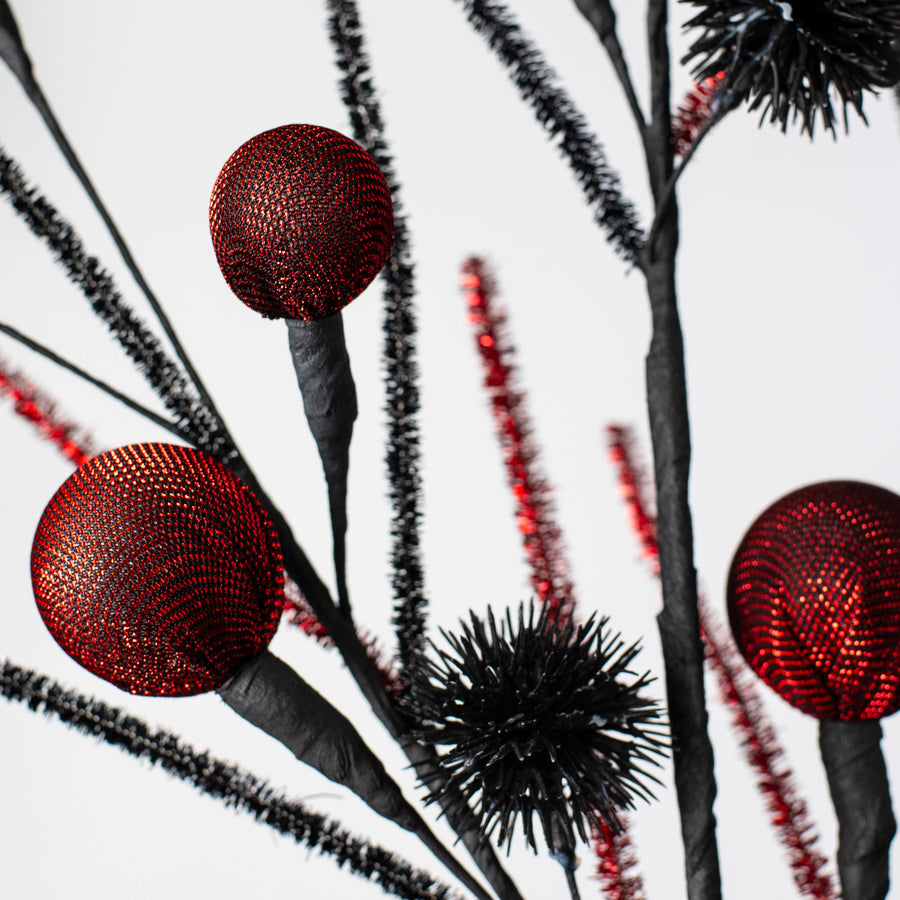 27" Metallic Fabric Ball & Thistle Spray: Red & Black