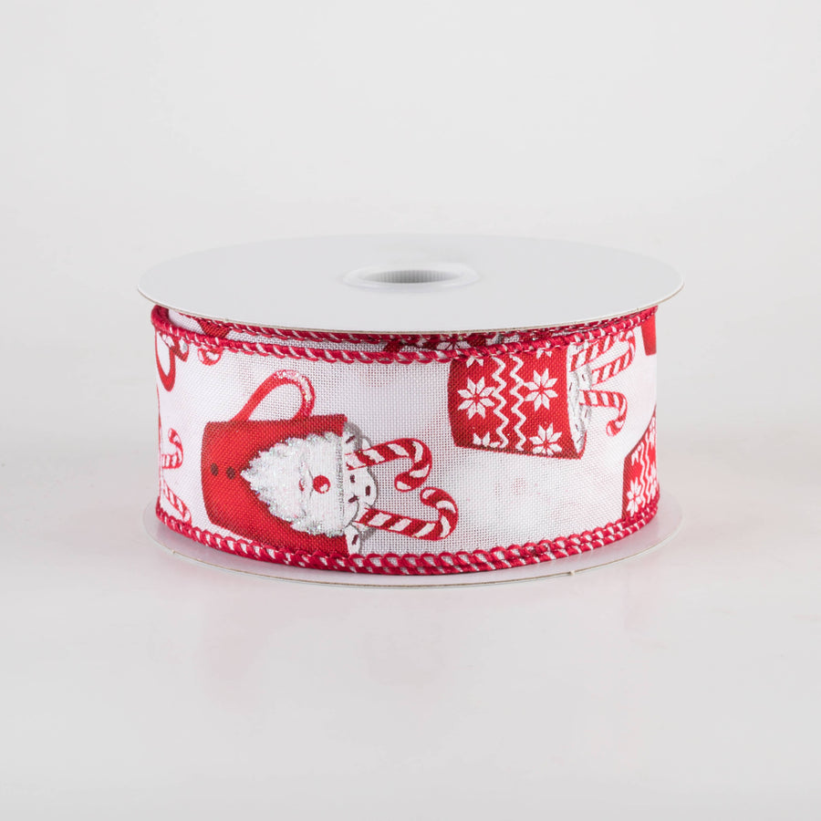 1.5" Santa Mug Hot Cocoa Ribbon: White (10 Yards)