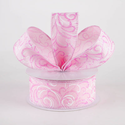 1.5" Glittered Multi Swirls Ribbon: Iridescent Pink & White on Pink (10 Yards)