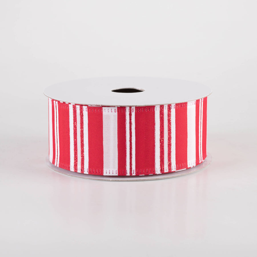 1.5" Glittered Candy Stripes Ribbon: Red & White (10 Yards)