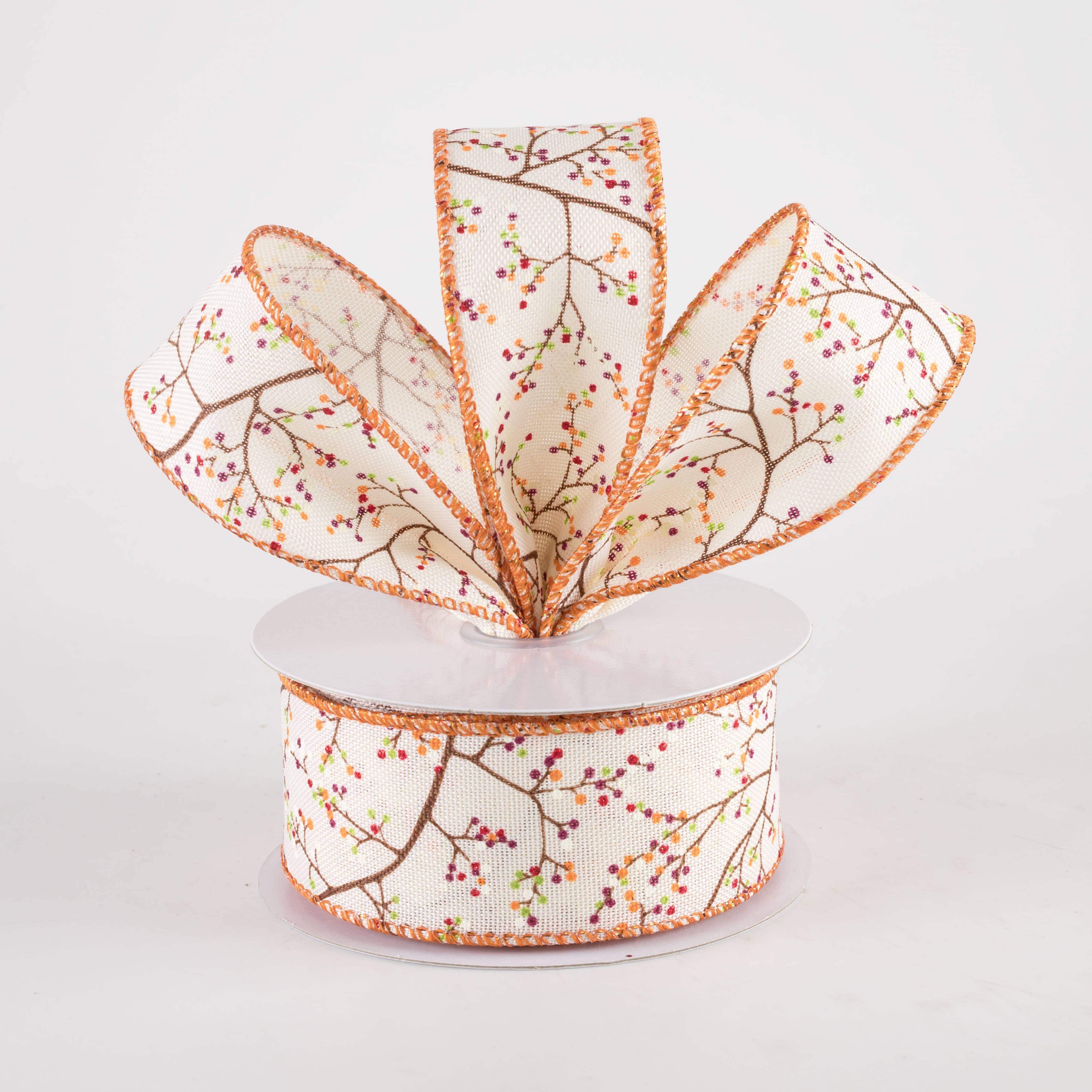 1.5" Mini Berry Branch Ribbon: Warm Fall on Cream (10 Yards)
