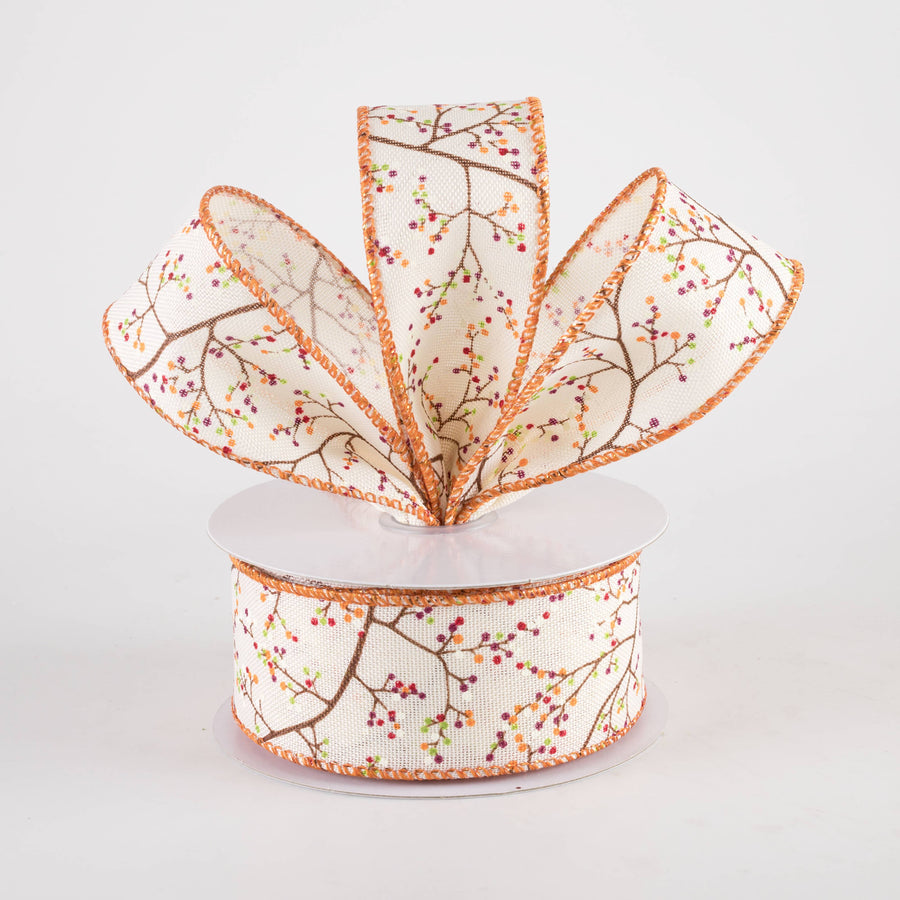 1.5" Mini Berry Branch Ribbon: Warm Fall on Cream (10 Yards)