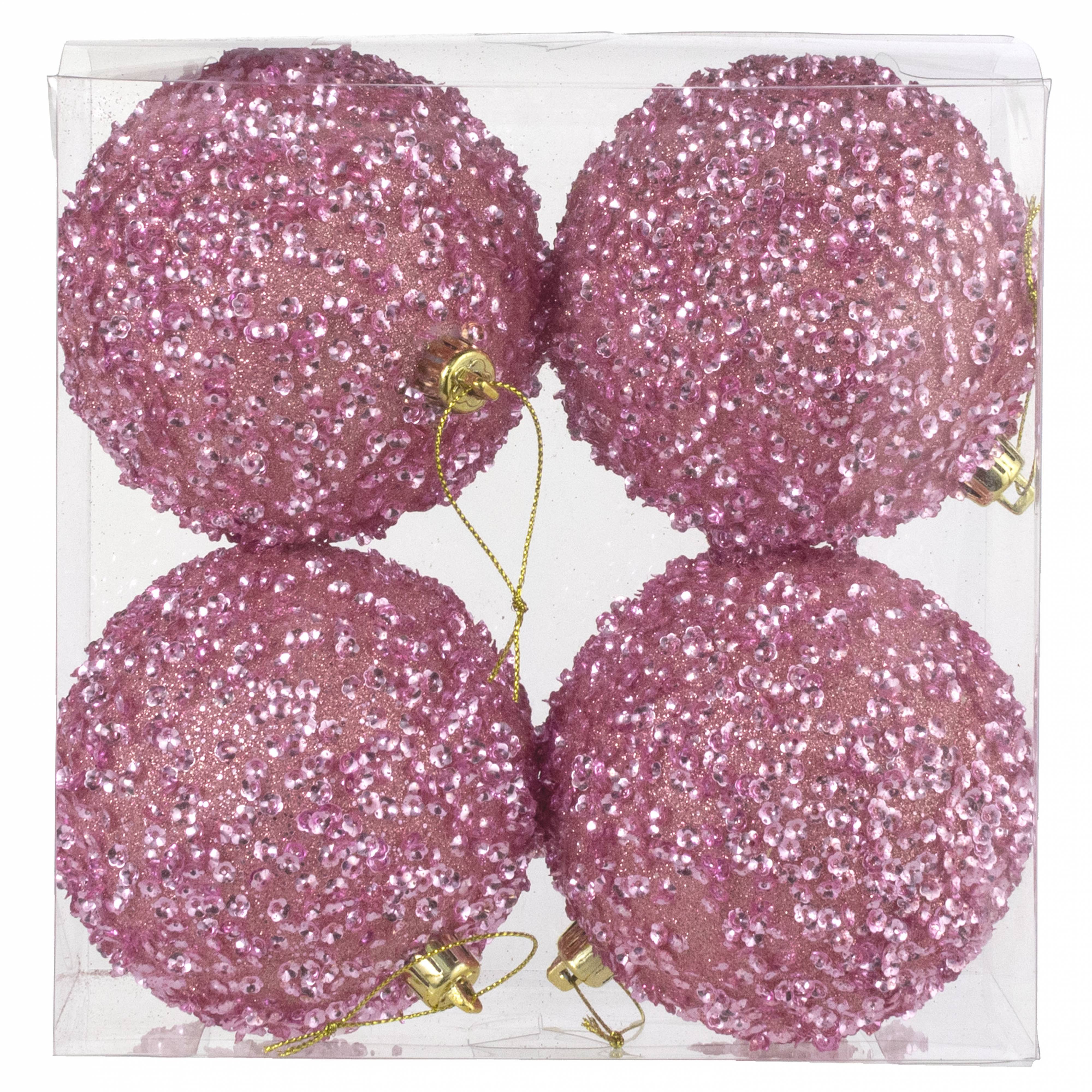 100mm Sequin & Glitter Ball Ornaments: Pale Pink (Box of 4)