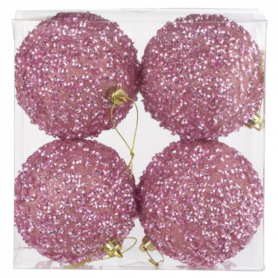 100mm Sequin & Glitter Ball Ornaments: Pale Pink (Box of 4)