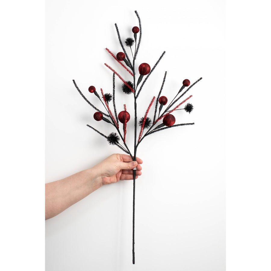 27" Metallic Fabric Ball & Thistle Spray: Red & Black