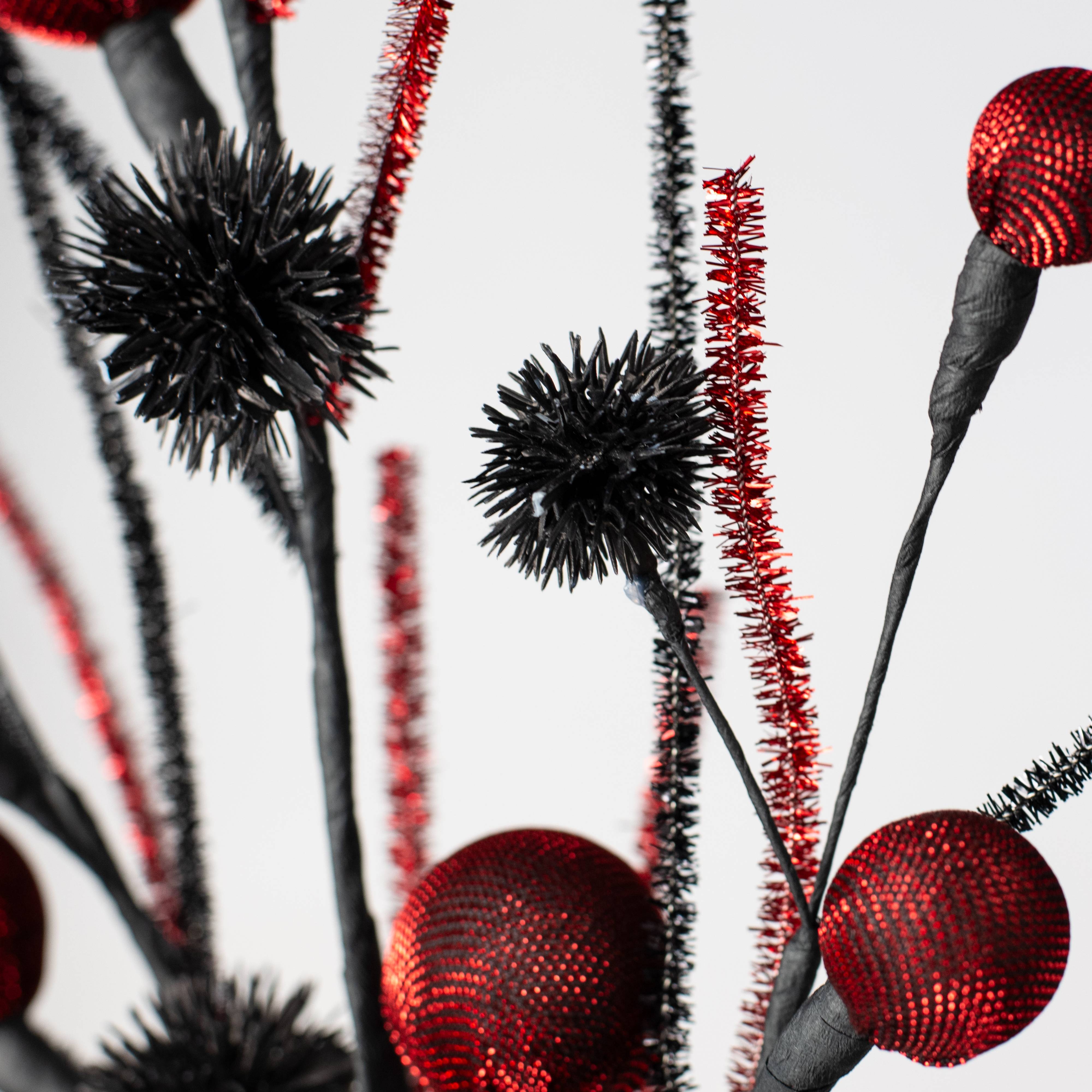 27" Metallic Fabric Ball & Thistle Spray: Red & Black