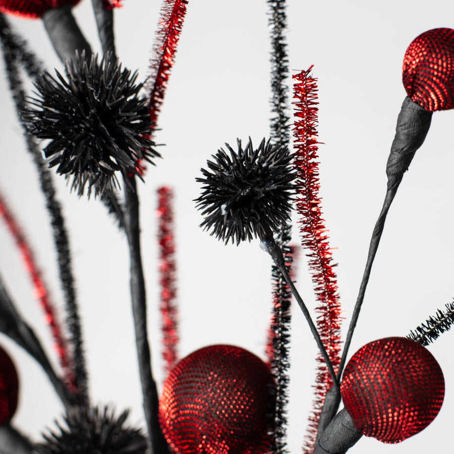 27" Metallic Fabric Ball & Thistle Spray: Red & Black