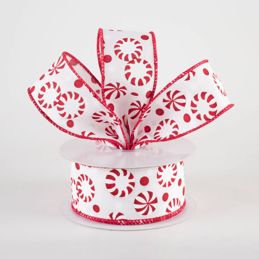 1.5" Christmas Candy Peppermints Ribbon: Red & White (10 Yards)