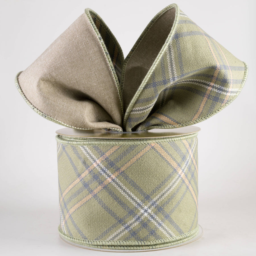 4" Designer Chambray Back Plaid Ribbon: Green & Natural (10 Yards)
