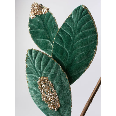 27" Velvet Glittered Leaf Spray: Sage Green