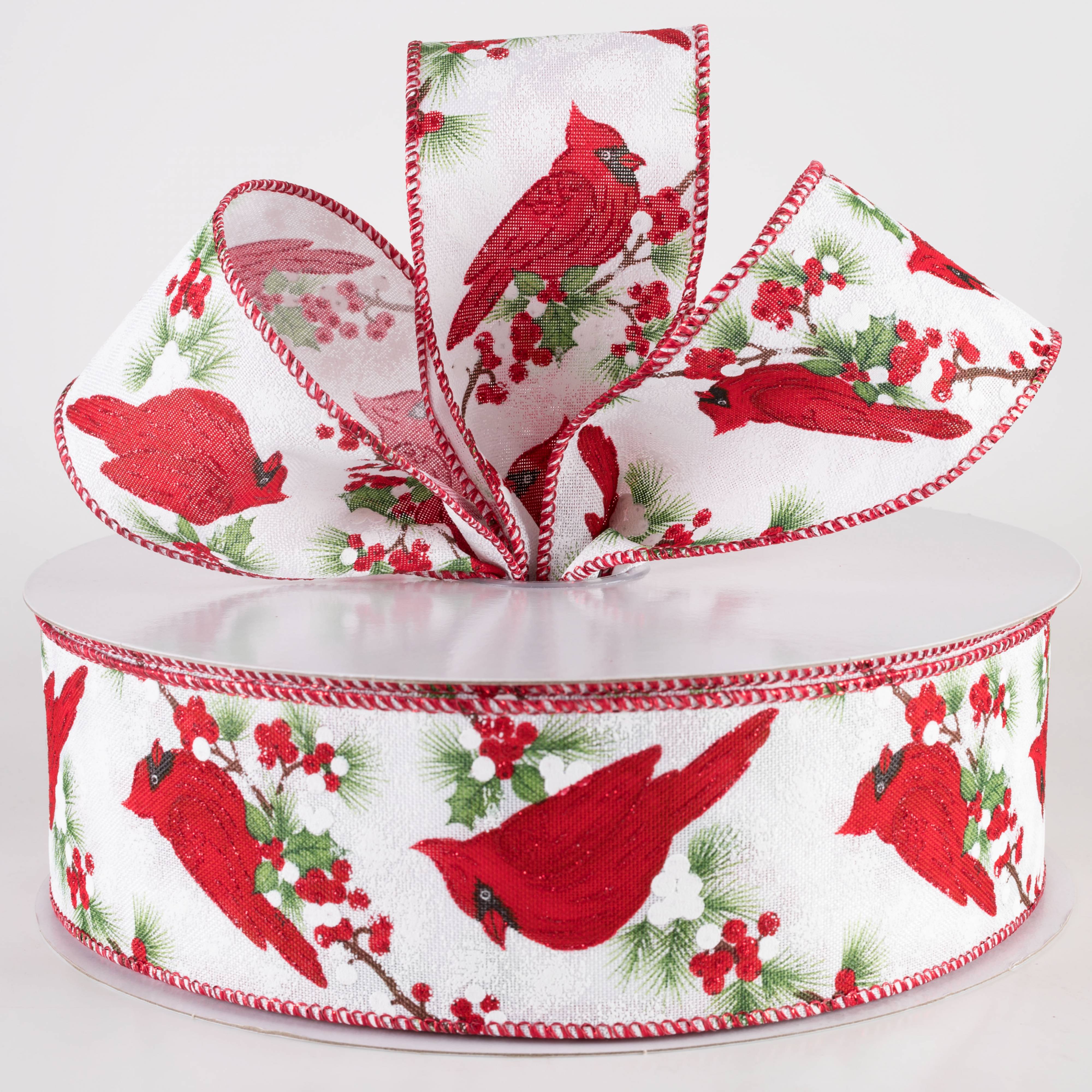 2.5" Linen Big Cardinal on Holly Ribbon: White (50 Yards)