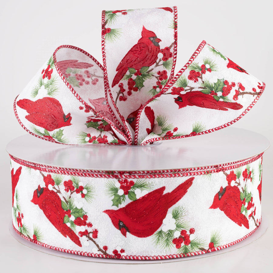 2.5" Linen Big Cardinal on Holly Ribbon: White (50 Yards)