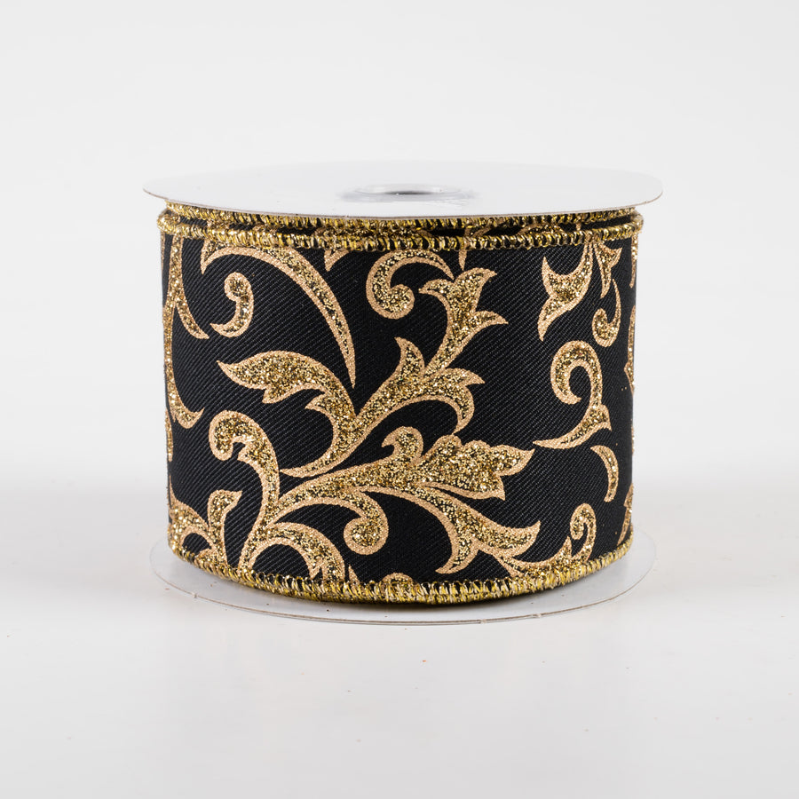 2.5" Acanthus Leaf Ribbon: Black & Gold (10 Yards)