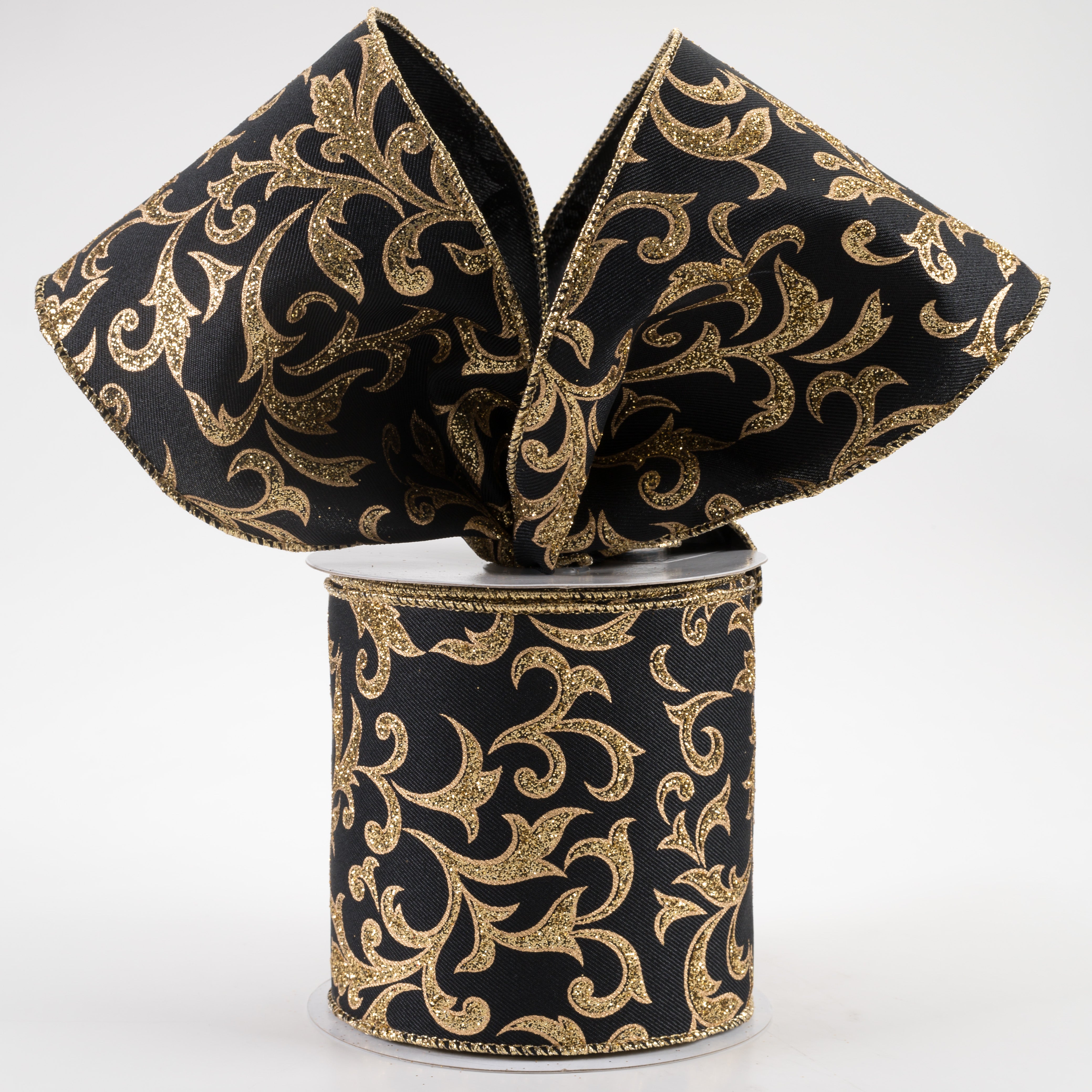 4" Acanthus Leaf Ribbon: Black & Gold (10 Yards) Lifestyle Photo