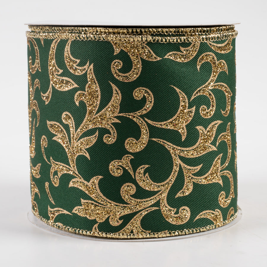 4" Acanthus Leaf Ribbon: Hunter Green & Gold (10 Yards)