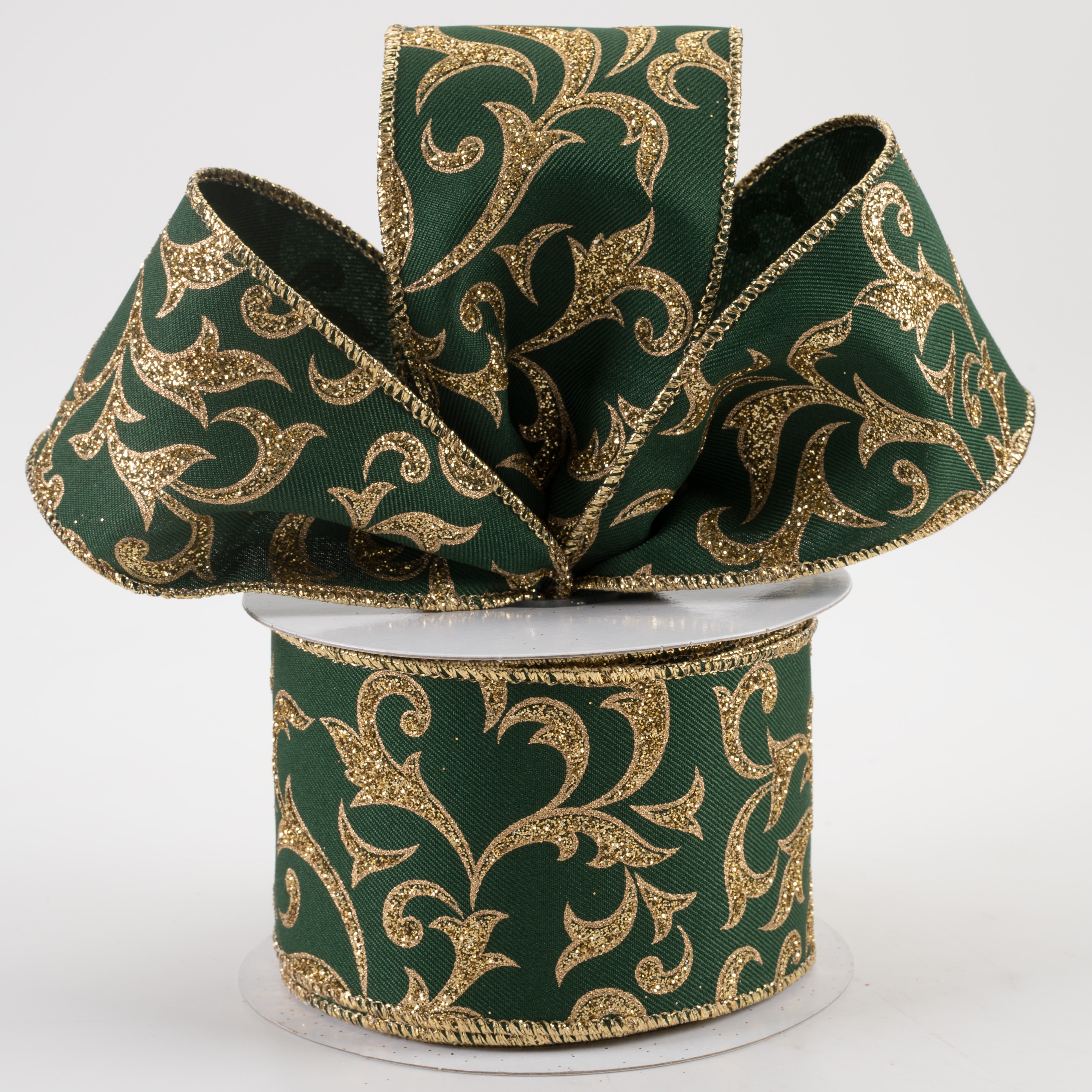 2.5" Acanthus Leaf Ribbon: Hunter Green & Gold (10 Yards) Lifestyle Photo