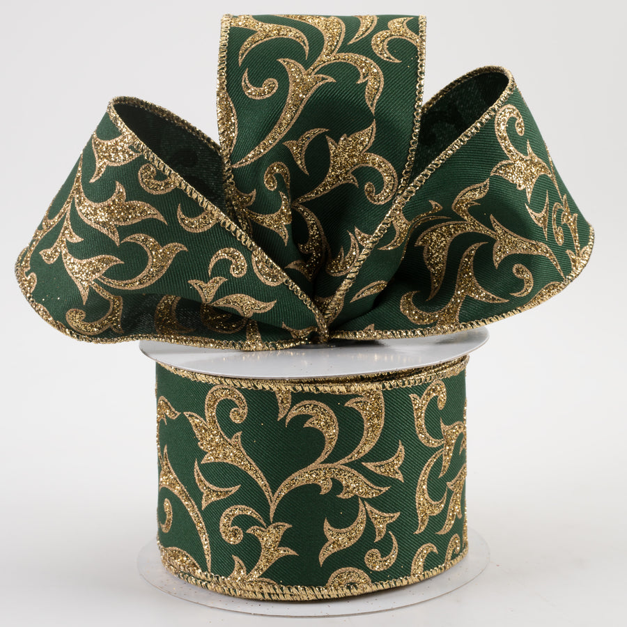 2.5" Acanthus Leaf Ribbon: Hunter Green & Gold (10 Yards) Lifestyle Photo