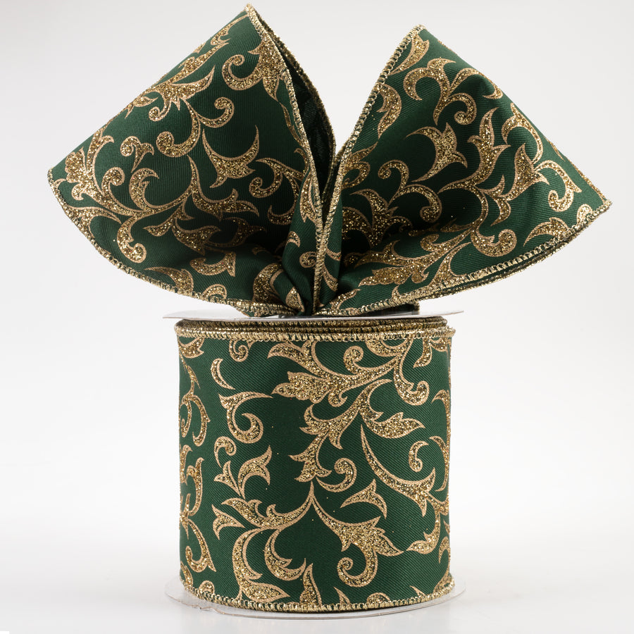 4" Acanthus Leaf Ribbon: Hunter Green & Gold (10 Yards) Lifestyle Photo