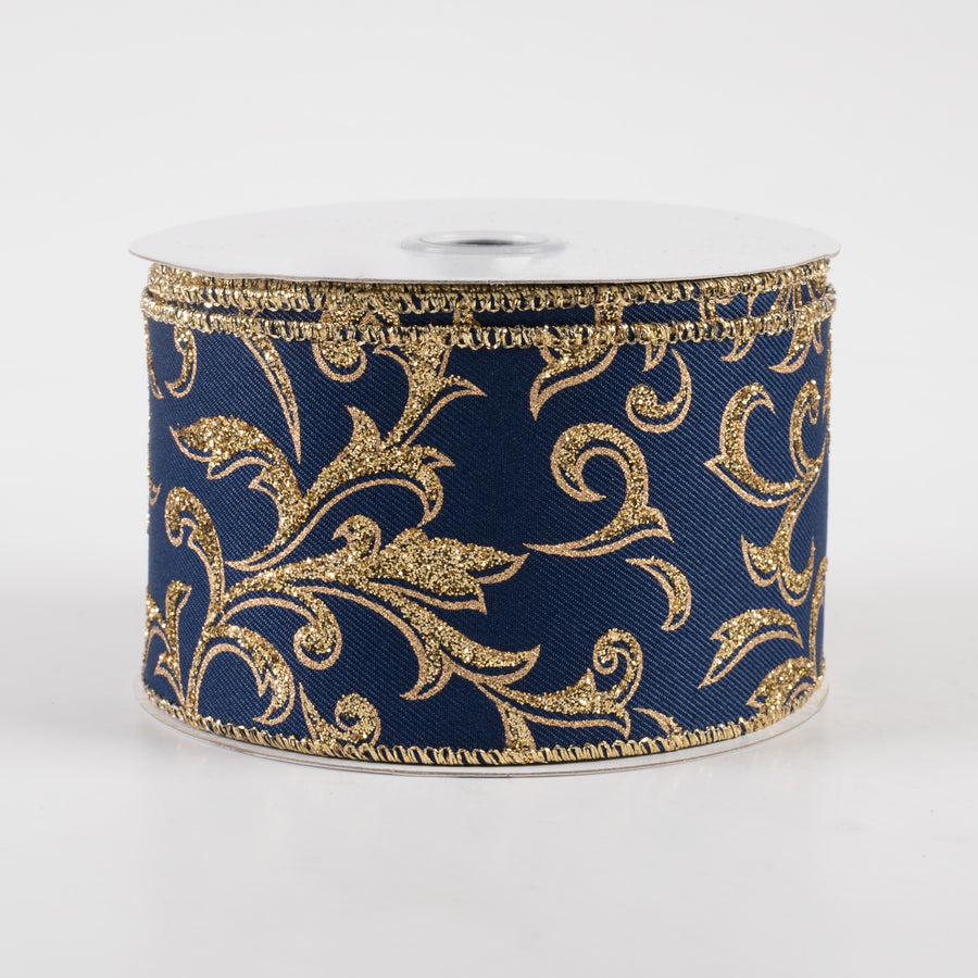 2.5" Acanthus Leaf Ribbon: Navy Blue & Gold (10 Yards)