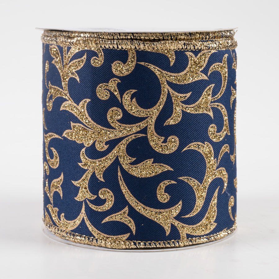 4" Acanthus Leaf Ribbon: Navy Blue & Gold (10 Yards)