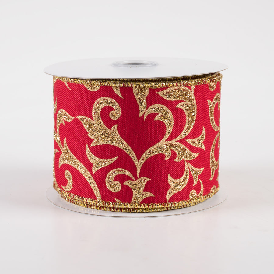 2.5" Acanthus Leaf Ribbon: Red & Gold (10 Yards)