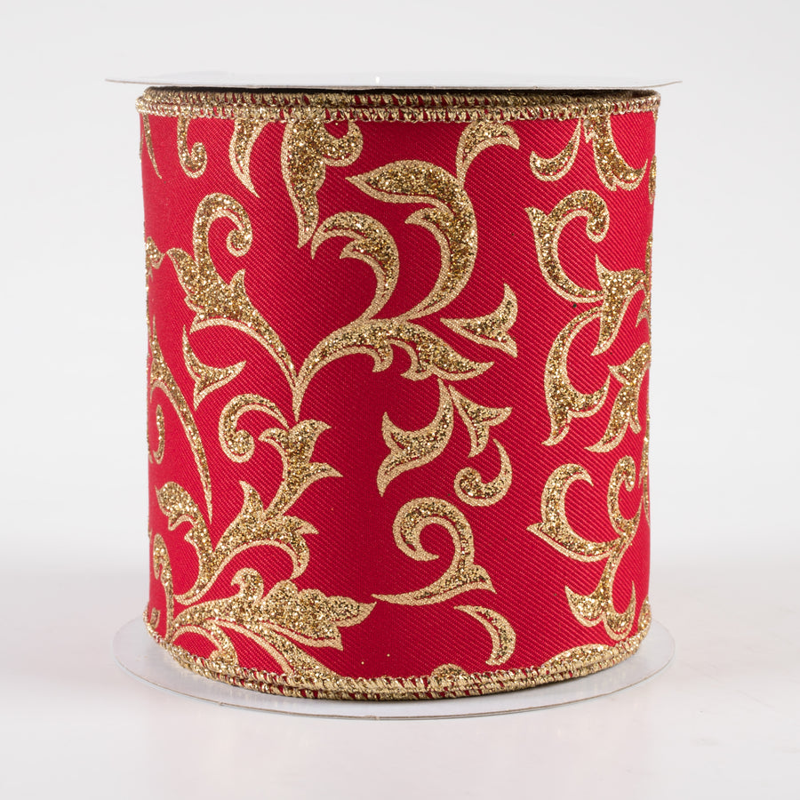 4" Acanthus Leaf Ribbon: Red & Gold (10 Yards)