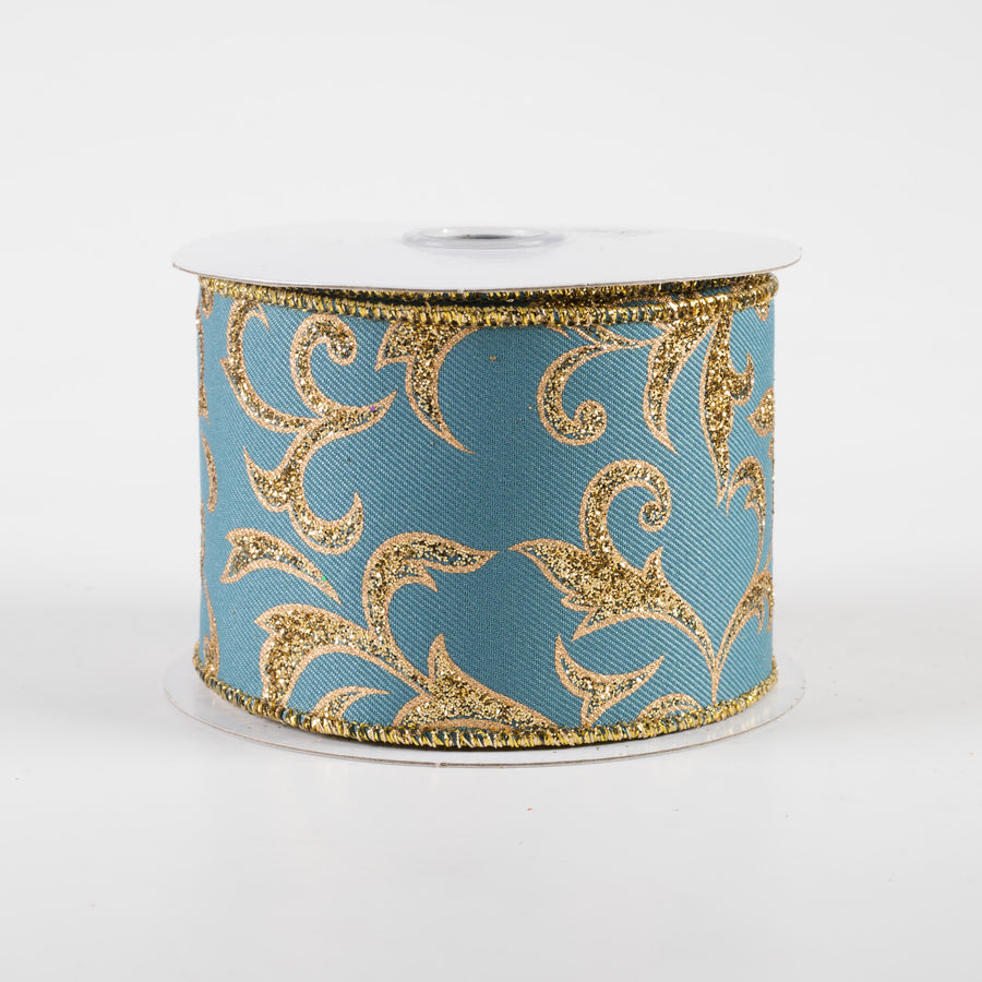 2.5" Acanthus Leaf Ribbon: Smoke Blue & Gold (10 Yards)