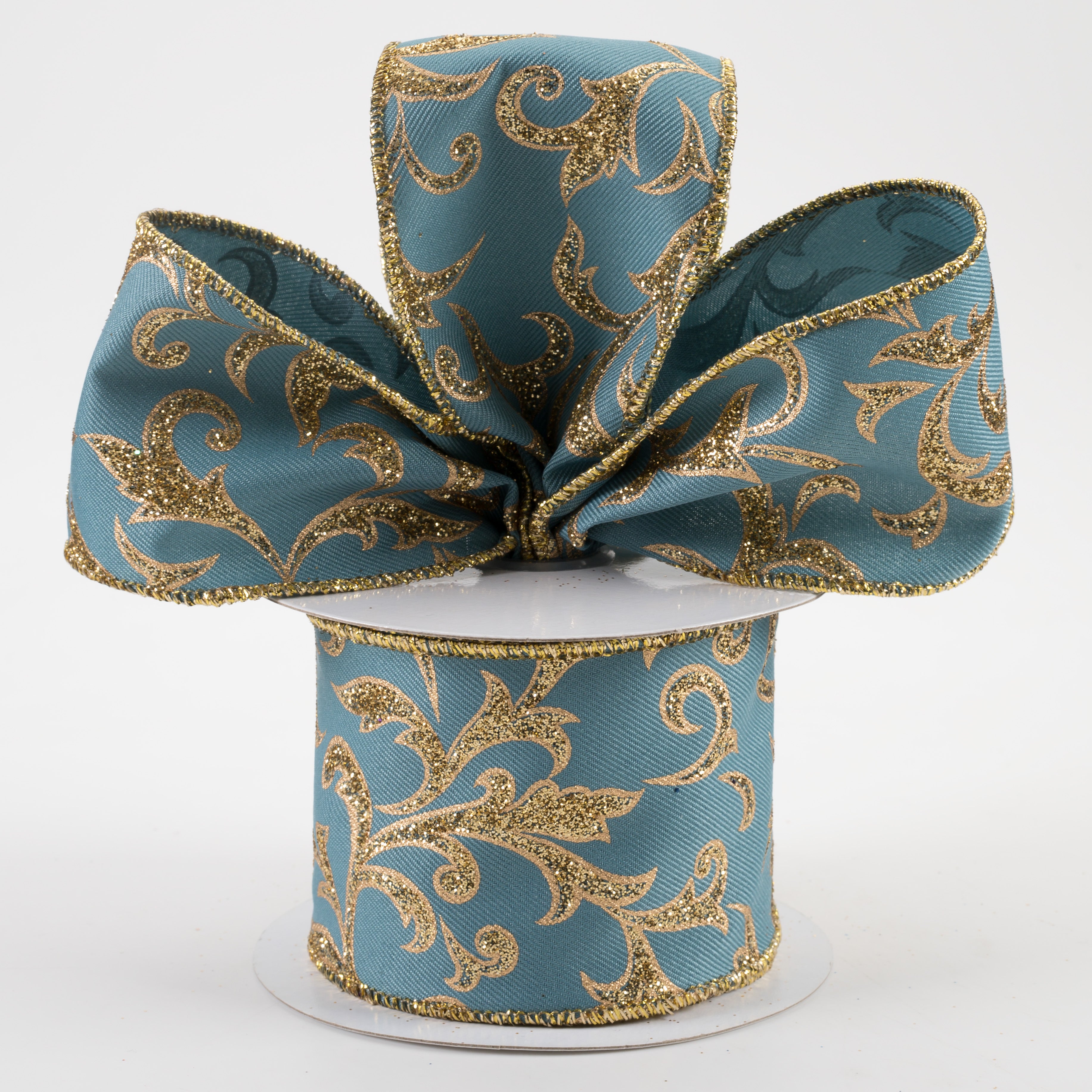 2.5" Acanthus Leaf Ribbon: Smoke Blue & Gold (10 Yards) Lifestyle Photo