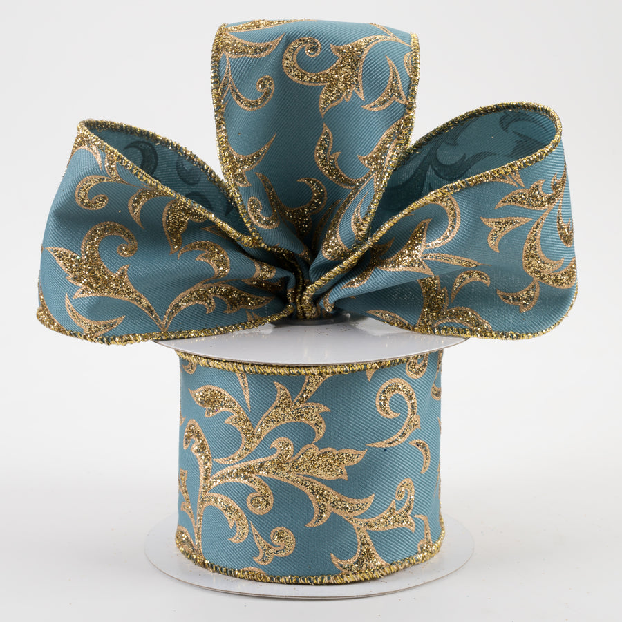 2.5" Acanthus Leaf Ribbon: Smoke Blue & Gold (10 Yards) Lifestyle Photo